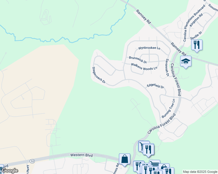 map of restaurants, bars, coffee shops, grocery stores, and more near 615 Stagecoach Drive in Jacksonville