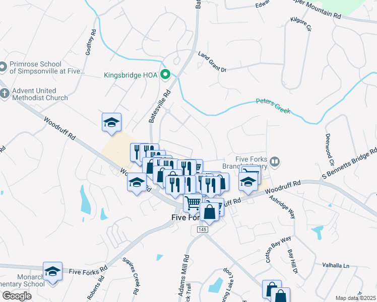 map of restaurants, bars, coffee shops, grocery stores, and more near 7 Dillworth Court in Simpsonville