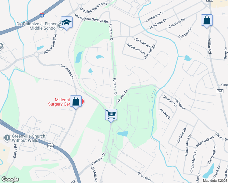 map of restaurants, bars, coffee shops, grocery stores, and more near 650 Forrester Drive in Greenville