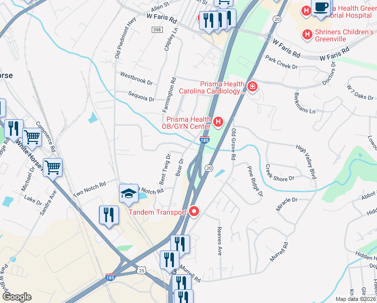 map of restaurants, bars, coffee shops, grocery stores, and more near 505 Bear Drive in Greenville