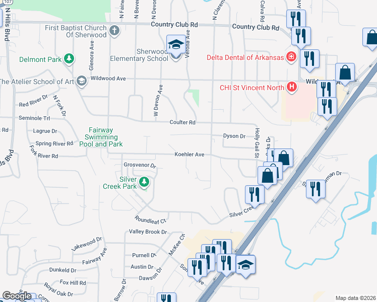 map of restaurants, bars, coffee shops, grocery stores, and more near 907 Koehler Avenue in Sherwood