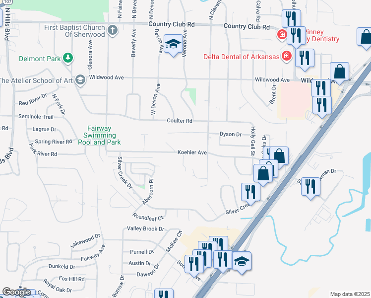 map of restaurants, bars, coffee shops, grocery stores, and more near 907 Koehler Avenue in Sherwood