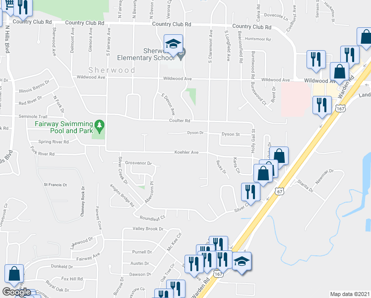 map of restaurants, bars, coffee shops, grocery stores, and more near 910 Koehler Avenue in Sherwood