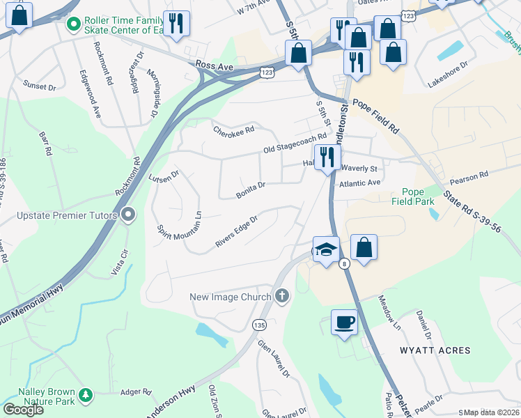 map of restaurants, bars, coffee shops, grocery stores, and more near 216 Rivers Edge Drive in Easley