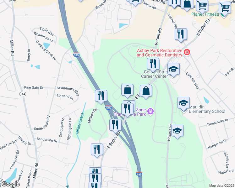 map of restaurants, bars, coffee shops, grocery stores, and more near 201 Brookfield Parkway in Greenville