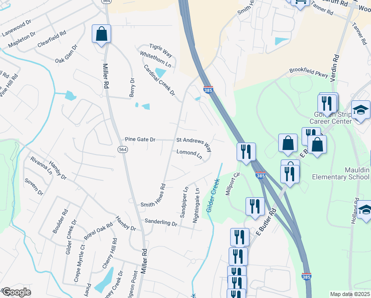 map of restaurants, bars, coffee shops, grocery stores, and more near 107 Lomond Lane in Greenville