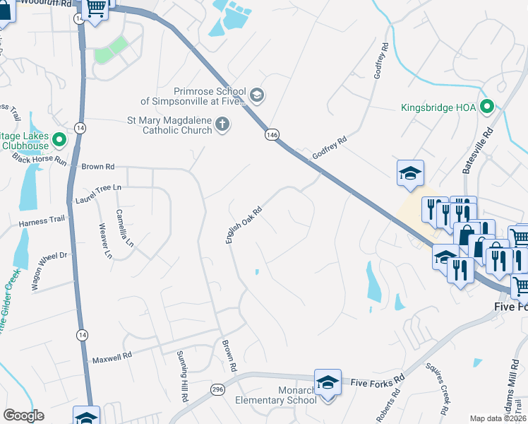 map of restaurants, bars, coffee shops, grocery stores, and more near 4 Squires Meadow Court in Simpsonville