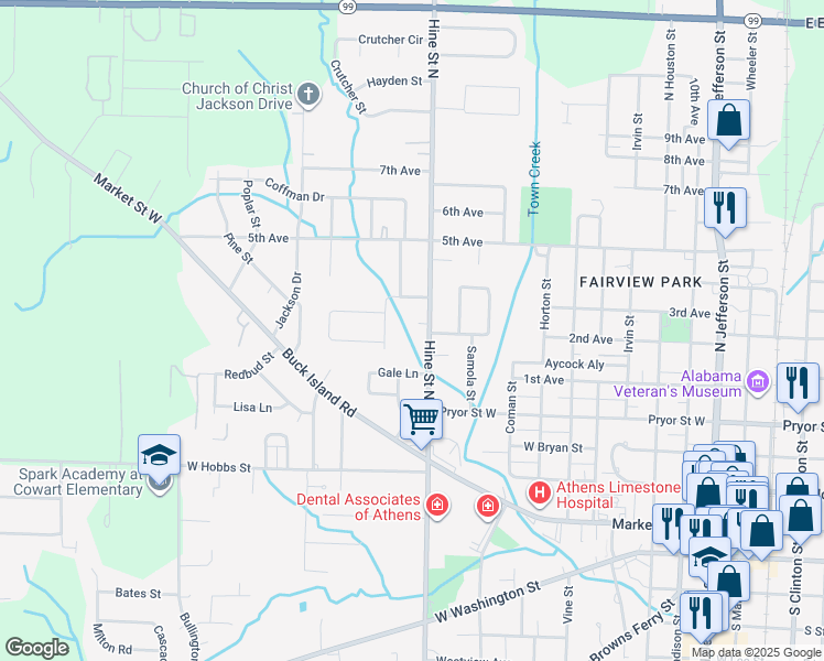 map of restaurants, bars, coffee shops, grocery stores, and more near 509 Hine Street North in Athens