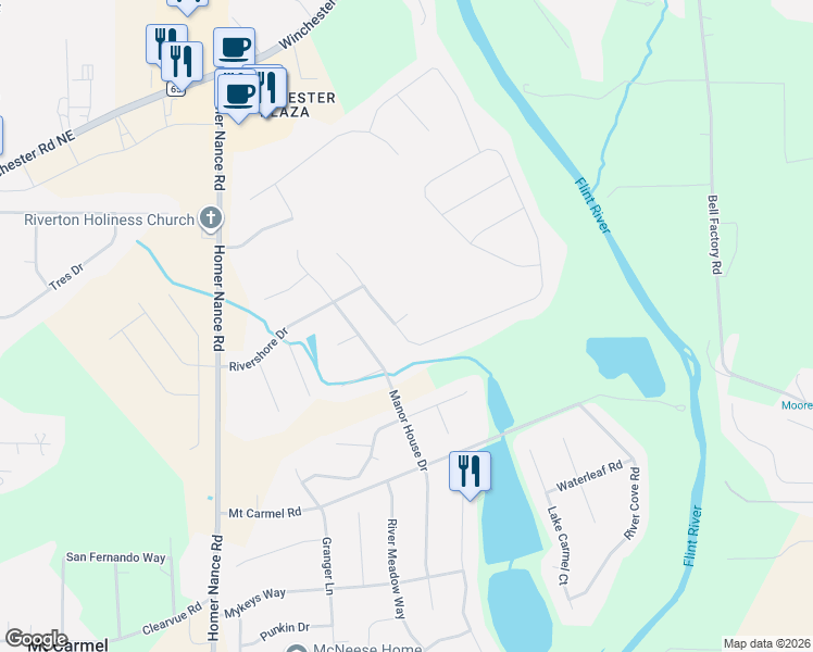 map of restaurants, bars, coffee shops, grocery stores, and more near 284 Brevard Boulevard in Huntsville