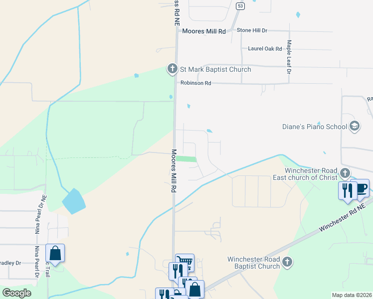 map of restaurants, bars, coffee shops, grocery stores, and more near 200 Oracle Circle in Huntsville