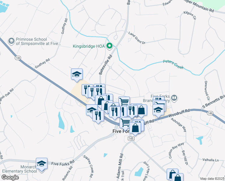 map of restaurants, bars, coffee shops, grocery stores, and more near 24 Dillworth Court in Simpsonville