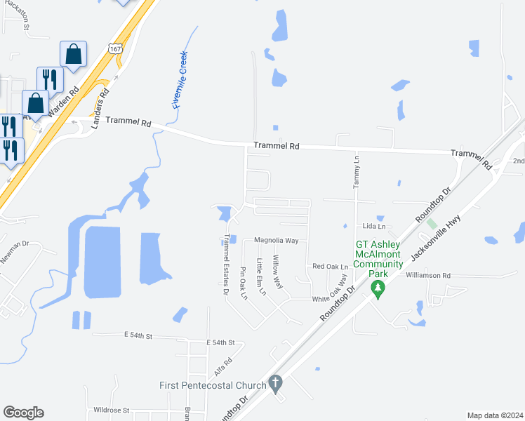 map of restaurants, bars, coffee shops, grocery stores, and more near 6425 Ridgemist Lane in North Little Rock