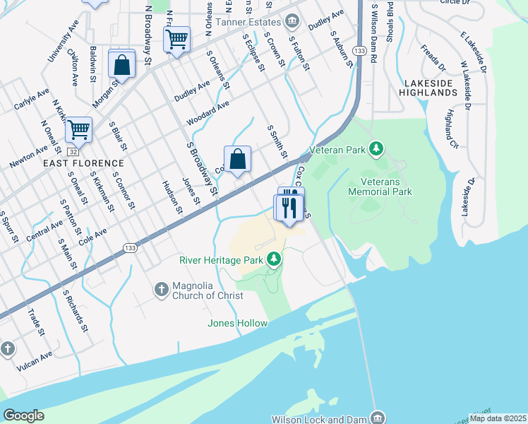 map of restaurants, bars, coffee shops, grocery stores, and more near Hightower Place in Florence