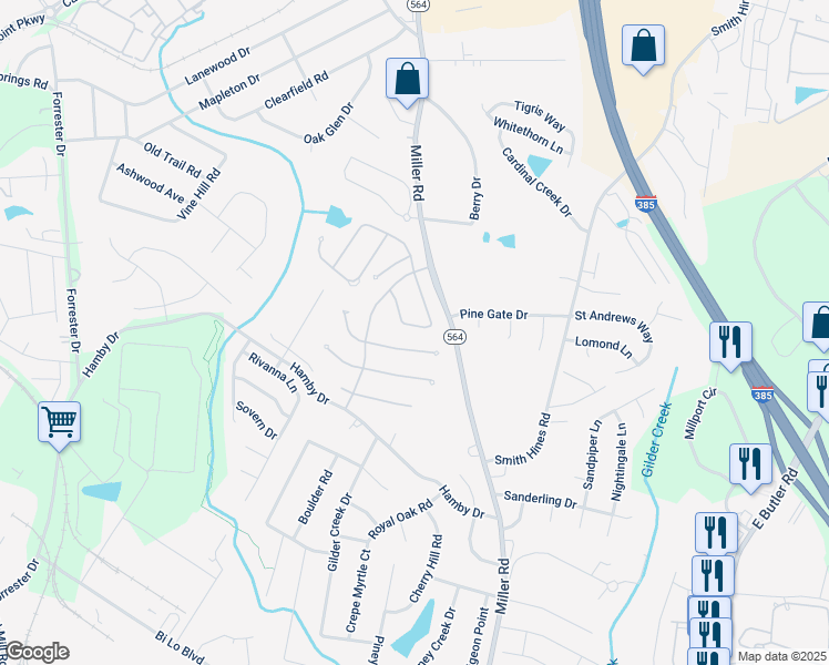 map of restaurants, bars, coffee shops, grocery stores, and more near 26 Windrush Lane in Greenville