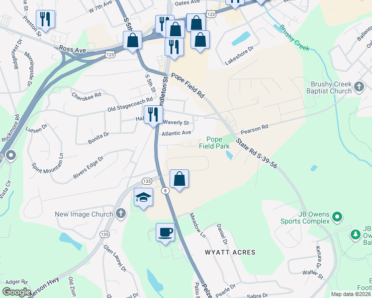 map of restaurants, bars, coffee shops, grocery stores, and more near 219 Pelzer Highway in Easley