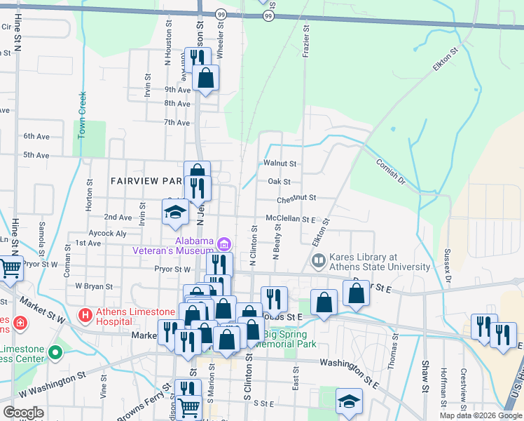 map of restaurants, bars, coffee shops, grocery stores, and more near 512 North Clinton Street in Athens