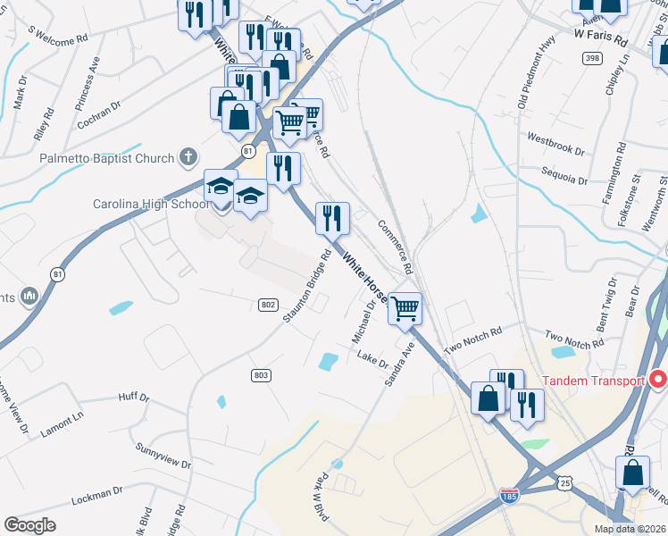 map of restaurants, bars, coffee shops, grocery stores, and more near 11 Staunton Bridge Road in Greenville