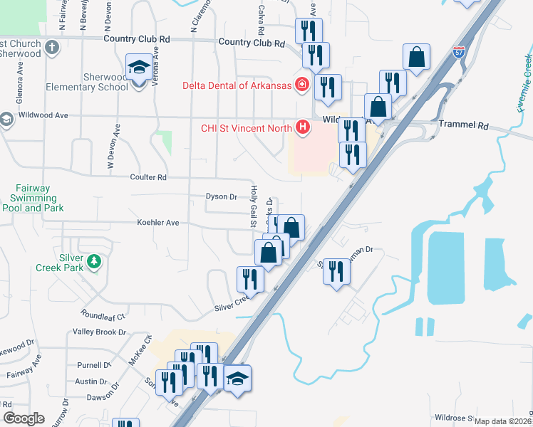 map of restaurants, bars, coffee shops, grocery stores, and more near 203 Shadow Oaks Drive in North Little Rock