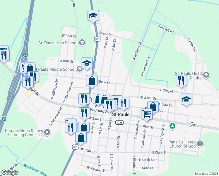 map of restaurants, bars, coffee shops, grocery stores, and more near 231 North 3rd Street in Saint Pauls