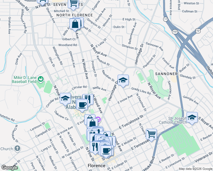 map of restaurants, bars, coffee shops, grocery stores, and more near 741-745 Nellie Avenue in Florence