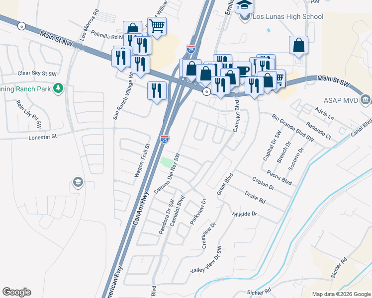 map of restaurants, bars, coffee shops, grocery stores, and more near 1985 Castillo Drive Southwest in Los Lunas