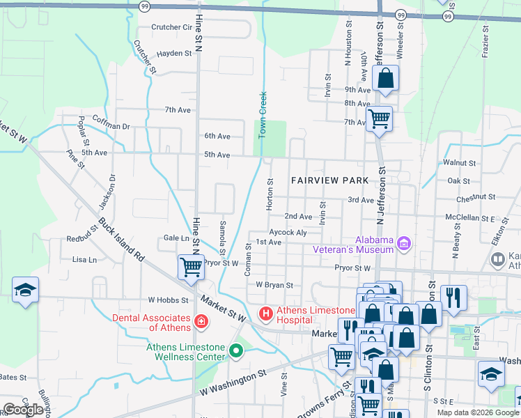 map of restaurants, bars, coffee shops, grocery stores, and more near 503 Horton Street in Athens
