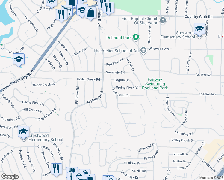 map of restaurants, bars, coffee shops, grocery stores, and more near 110 Fork River Road in North Little Rock