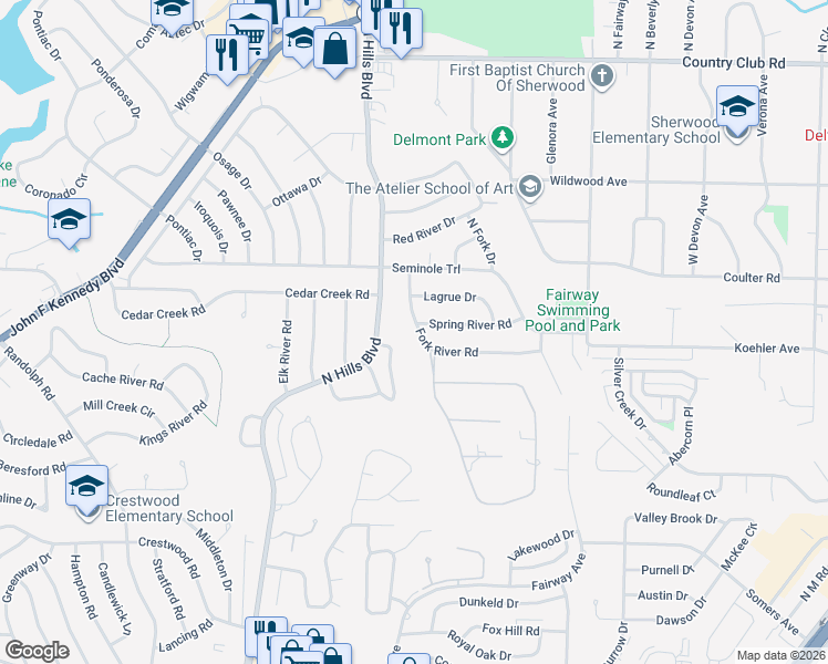 map of restaurants, bars, coffee shops, grocery stores, and more near 110 Fork River Road in North Little Rock