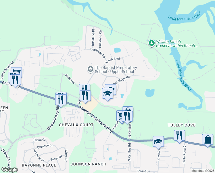 map of restaurants, bars, coffee shops, grocery stores, and more near 15 Cobblestone Way in Little Rock