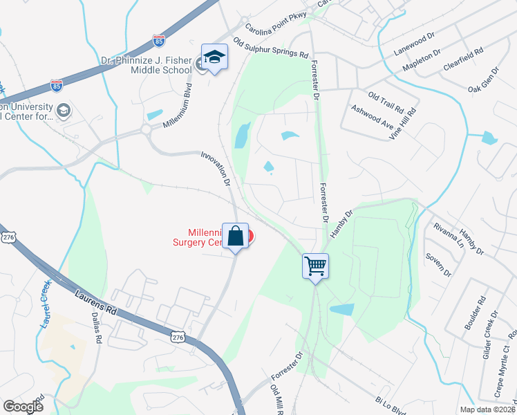 map of restaurants, bars, coffee shops, grocery stores, and more near 413 Rubia Drive in Greenville