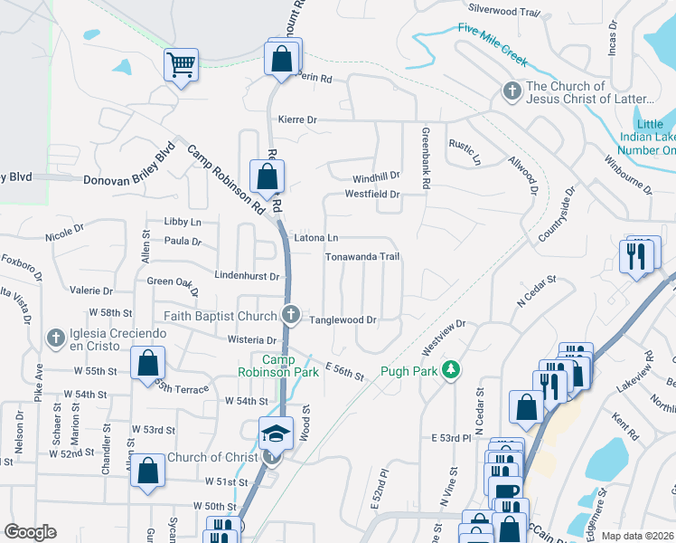 map of restaurants, bars, coffee shops, grocery stores, and more near 205 Tonawanda Trail in North Little Rock