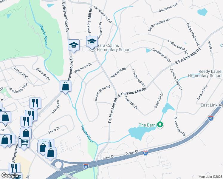 map of restaurants, bars, coffee shops, grocery stores, and more near 1502 Parkins Mill Road in Greenville