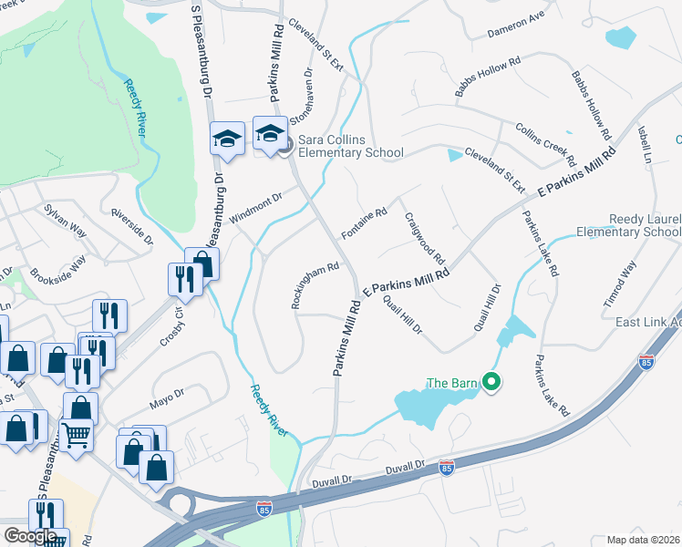 map of restaurants, bars, coffee shops, grocery stores, and more near 1502 Parkins Mill Road in Greenville