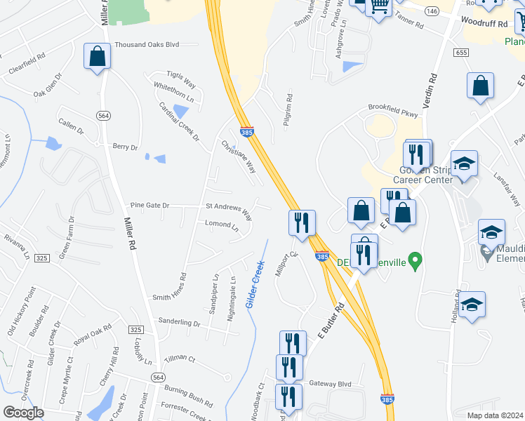 map of restaurants, bars, coffee shops, grocery stores, and more near 7 Paisley Court in Greenville