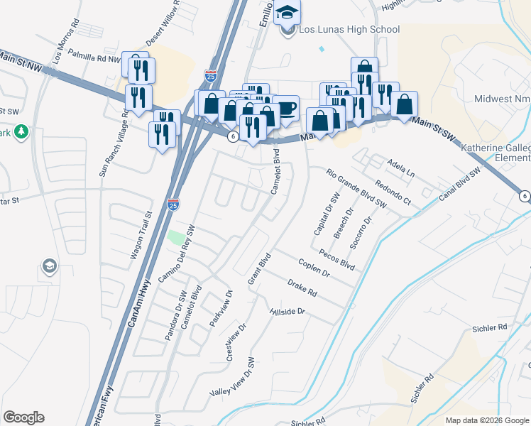 map of restaurants, bars, coffee shops, grocery stores, and more near 539 Long Bow Loop Southwest in Los Lunas