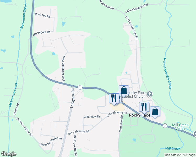 map of restaurants, bars, coffee shops, grocery stores, and more near 239 Hillside Drive in Rocky Face