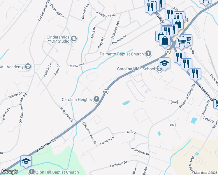 map of restaurants, bars, coffee shops, grocery stores, and more near 2809 Anderson Road in Greenville