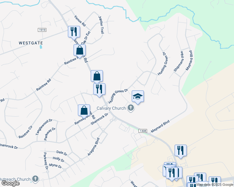 map of restaurants, bars, coffee shops, grocery stores, and more near 118 Hunting Green Drive in Jacksonville