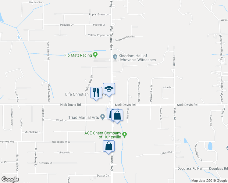 map of restaurants, bars, coffee shops, grocery stores, and more near 7659 Wall Triana Highway in Harvest
