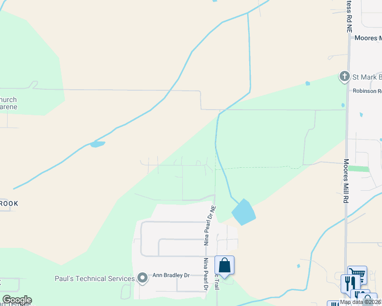 map of restaurants, bars, coffee shops, grocery stores, and more near 117 Gristmill Road Northeast in Huntsville