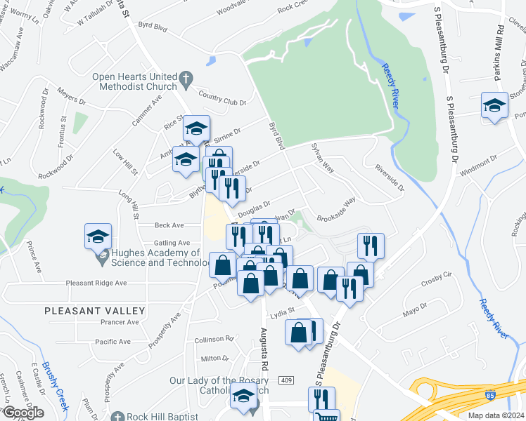 map of restaurants, bars, coffee shops, grocery stores, and more near 22 Douglas Drive in Greenville