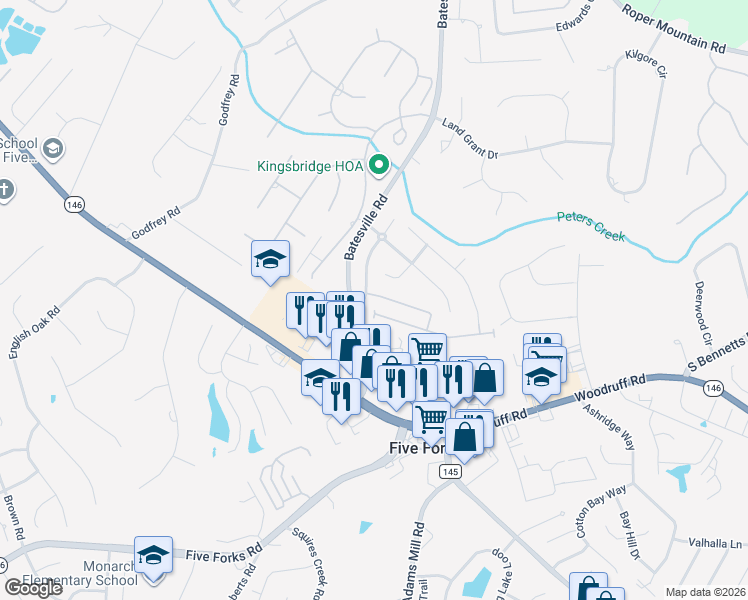 map of restaurants, bars, coffee shops, grocery stores, and more near 4 Everleigh Court in Simpsonville