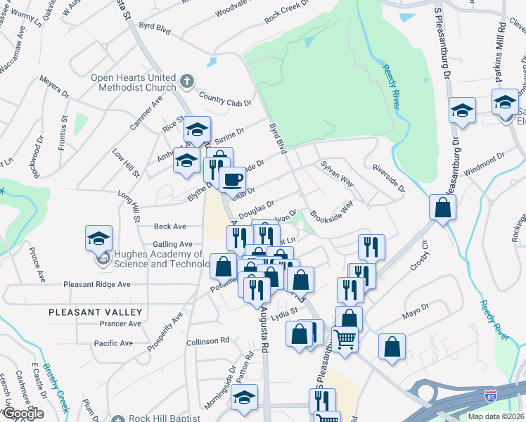 map of restaurants, bars, coffee shops, grocery stores, and more near 21 Douglas Drive in Greenville