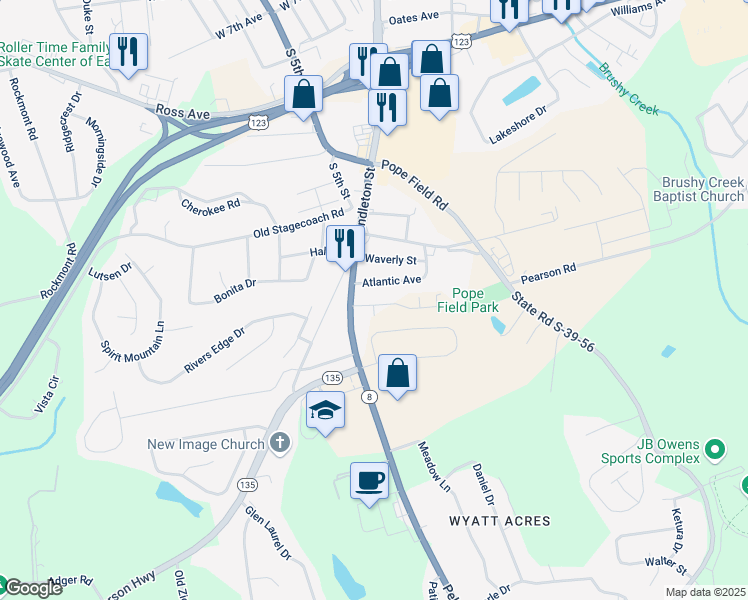 map of restaurants, bars, coffee shops, grocery stores, and more near 100A Atlantic Avenue in Easley