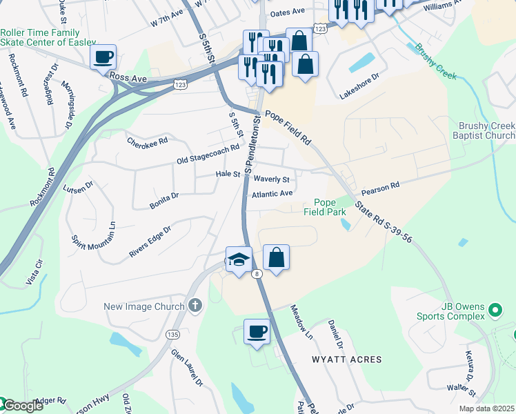 map of restaurants, bars, coffee shops, grocery stores, and more near 100A Atlantic Avenue in Easley