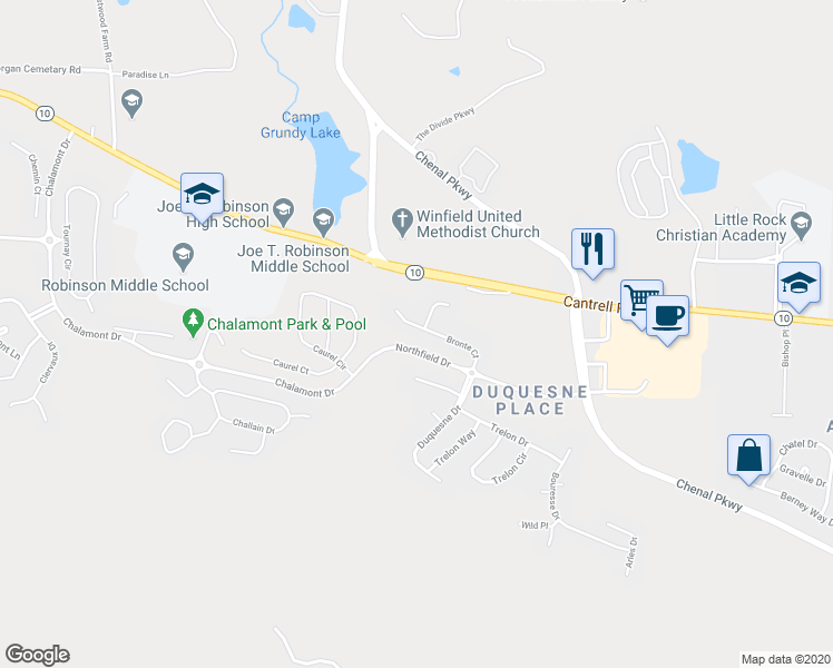 map of restaurants, bars, coffee shops, grocery stores, and more near 24 Bronte Court in Little Rock