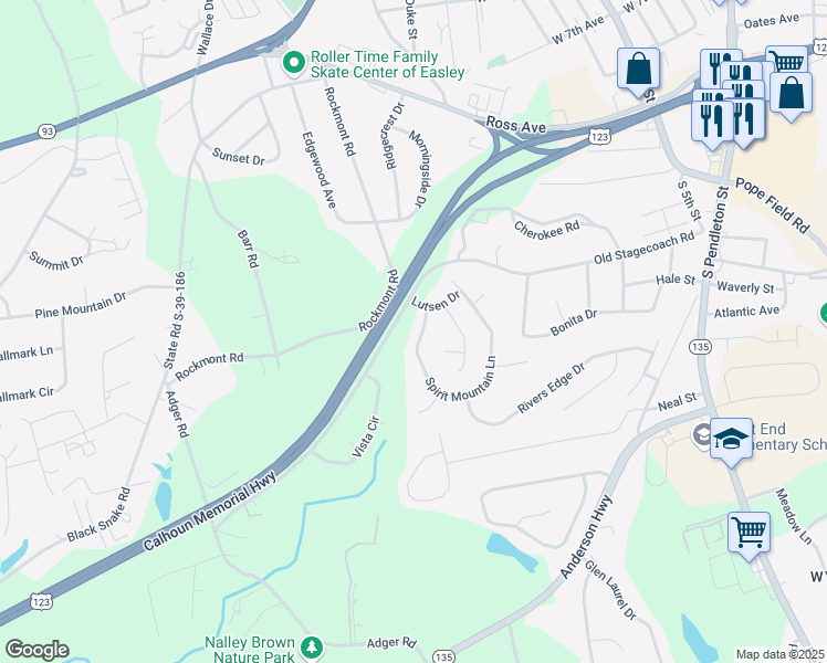map of restaurants, bars, coffee shops, grocery stores, and more near 112 Spirit Mountain Lane in Easley