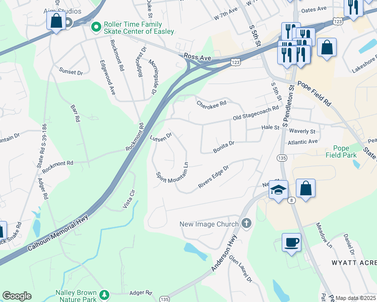 map of restaurants, bars, coffee shops, grocery stores, and more near 416 Spirit Mountain Lane in Easley