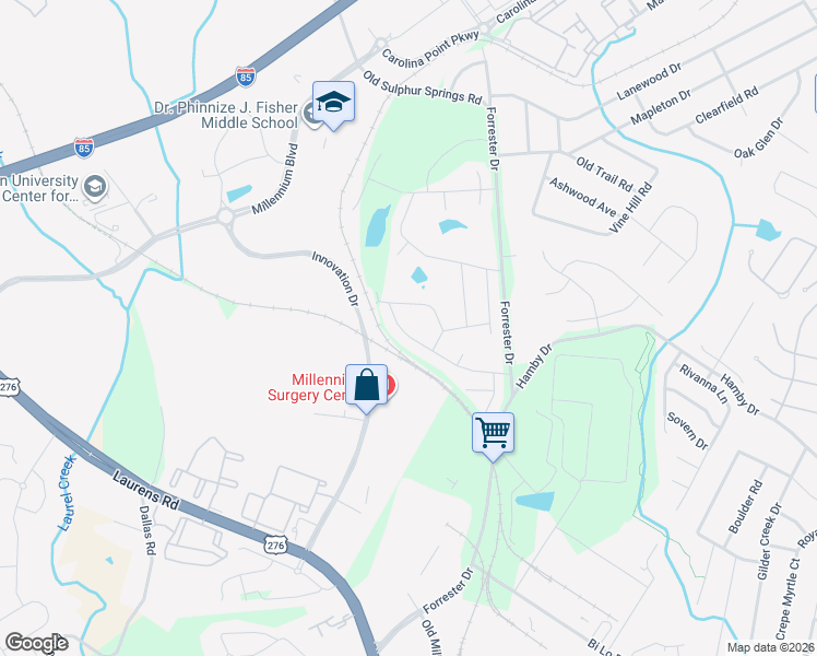 map of restaurants, bars, coffee shops, grocery stores, and more near 413 Rubia Drive in Greenville