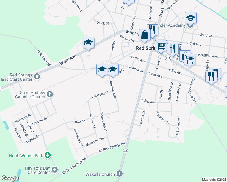 map of restaurants, bars, coffee shops, grocery stores, and more near Phillips Avenue in Red Springs